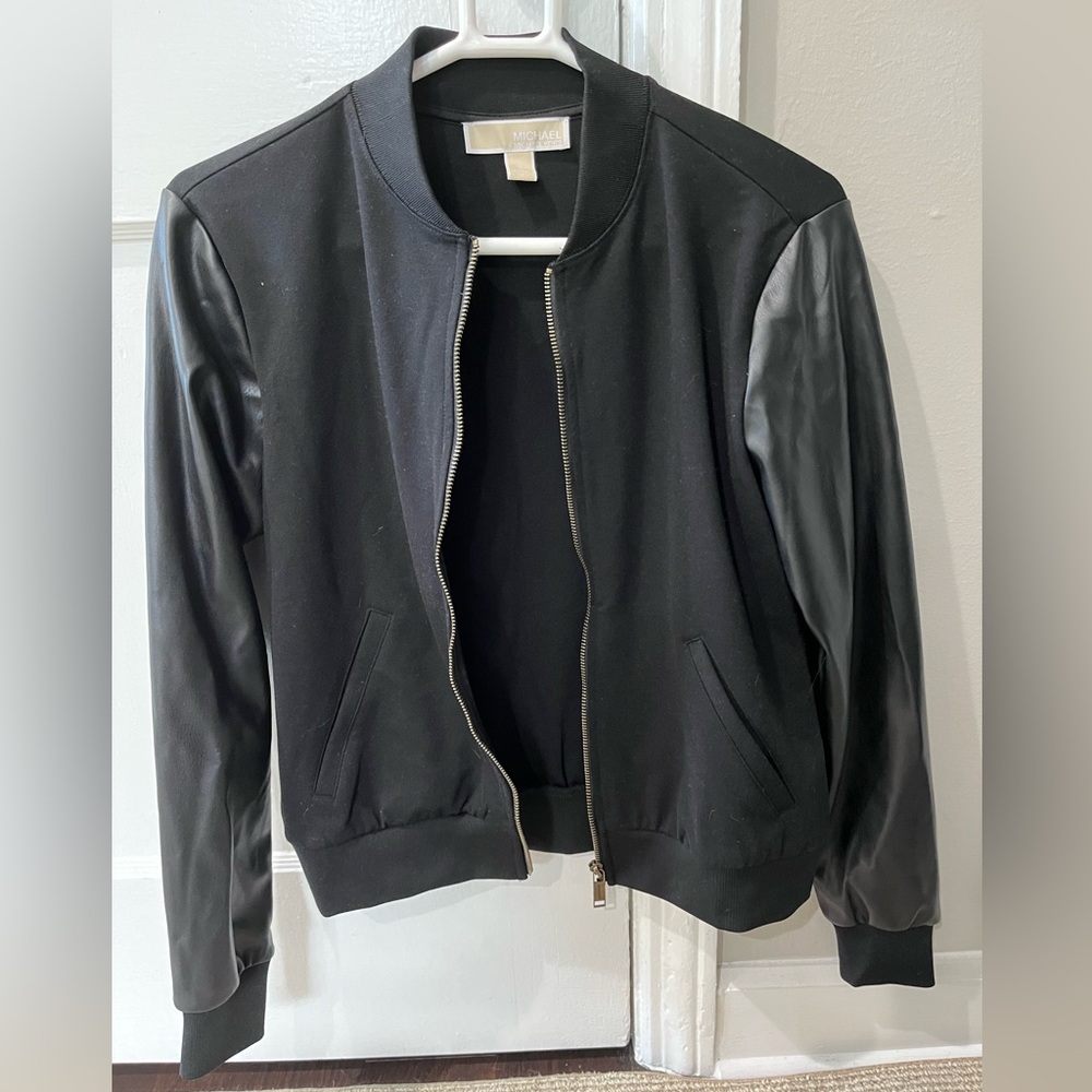 MK Faux Leather Sleeve Bomber Jacket